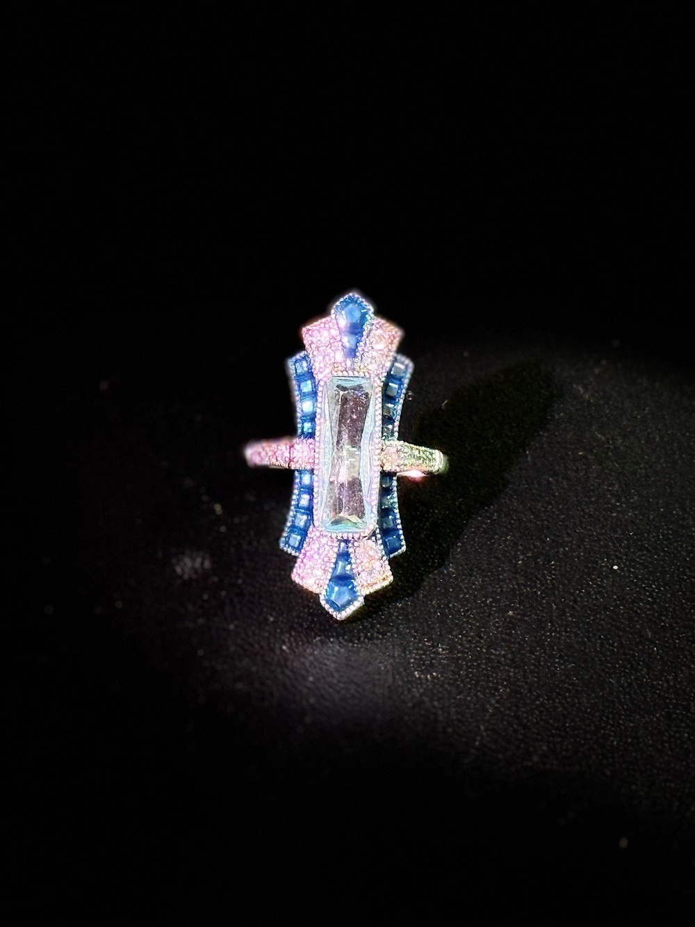 Elegant Blue & White Crystal Art Deco Ring - Women Jewelry